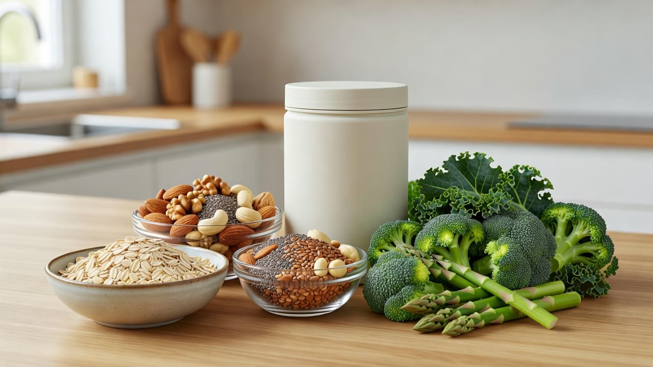 An assortment of nutritious ingredients including fresh green vegetables, bowls of raw nuts and oats, and a container of protein powder rests upon a rustic wooden kitchen counter in daylight.