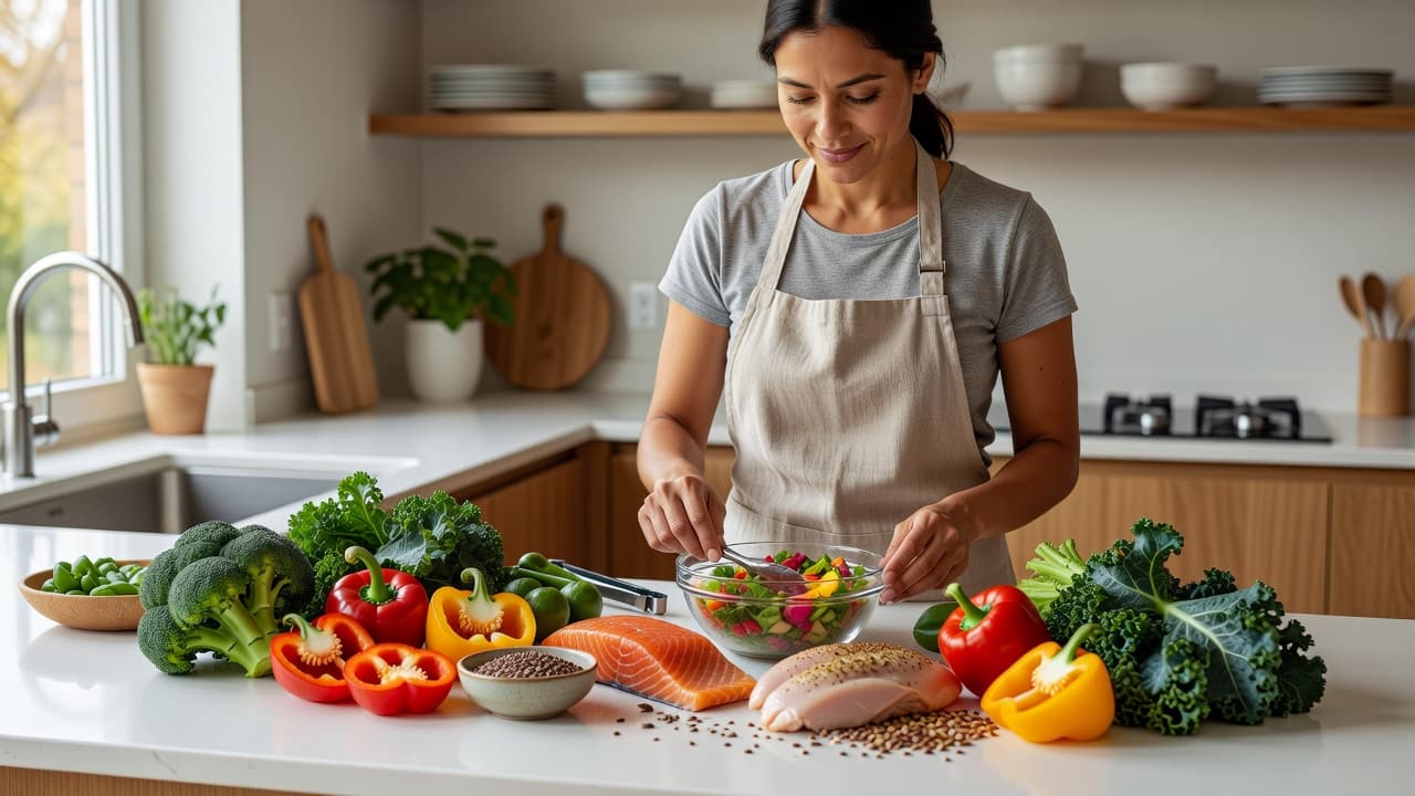 A person carefully chops vibrant bell peppers and green kale on a clean countertop. Bowls of lean chicken, seeds, and fresh vegetables are arranged neatly to represent a balanced nutritional approach.