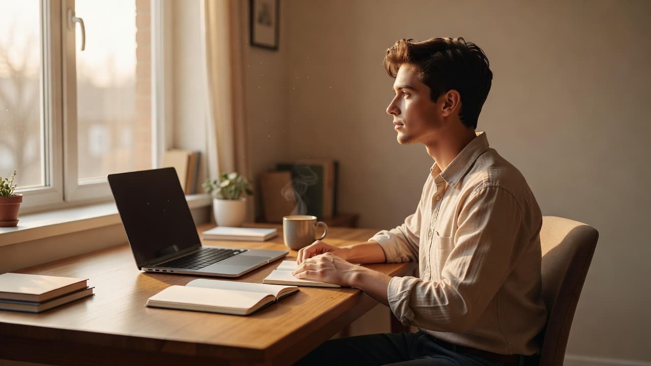 A focused individual sits at a minimalist wooden desk featuring an open laptop and notebook. Warm morning sunlight streams through the window, illuminating the organized surface and creating a peaceful atmosphere.