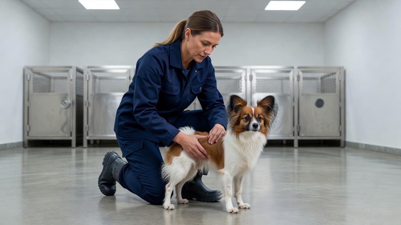 A breeder stands in a clean, bright room while carefully inspecting the physical stance of a small dog. She touches the dog's back to analyze its structure for breeding health standards.