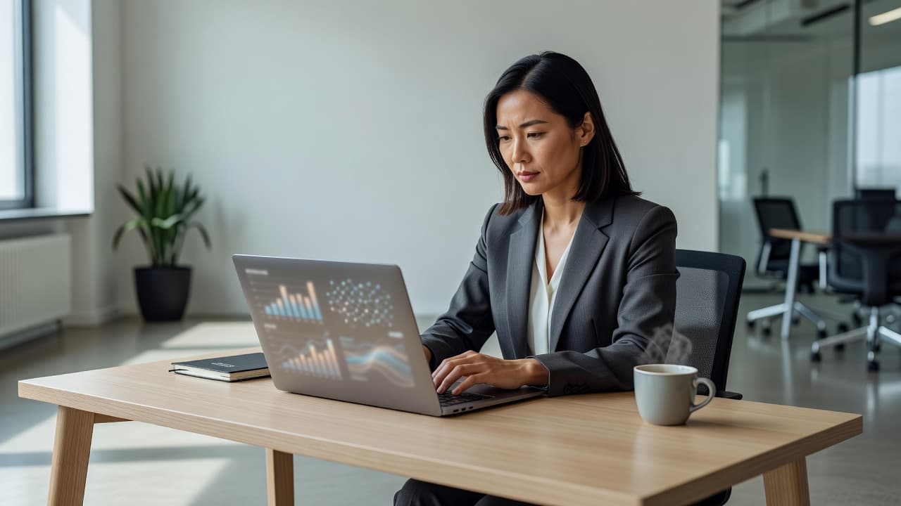 A focused individual sits at a minimalist desk inside a sunlit modern office. They interact with a laptop screen to manage marketing tasks while surrounded by a clean and professional environment.