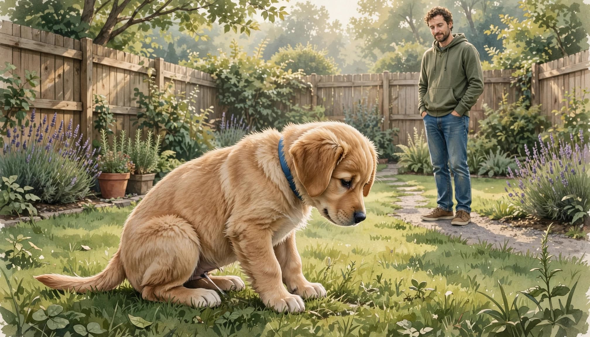 A golden retriever puppy sitting in a sunny backyard while its owner watches from a distance.