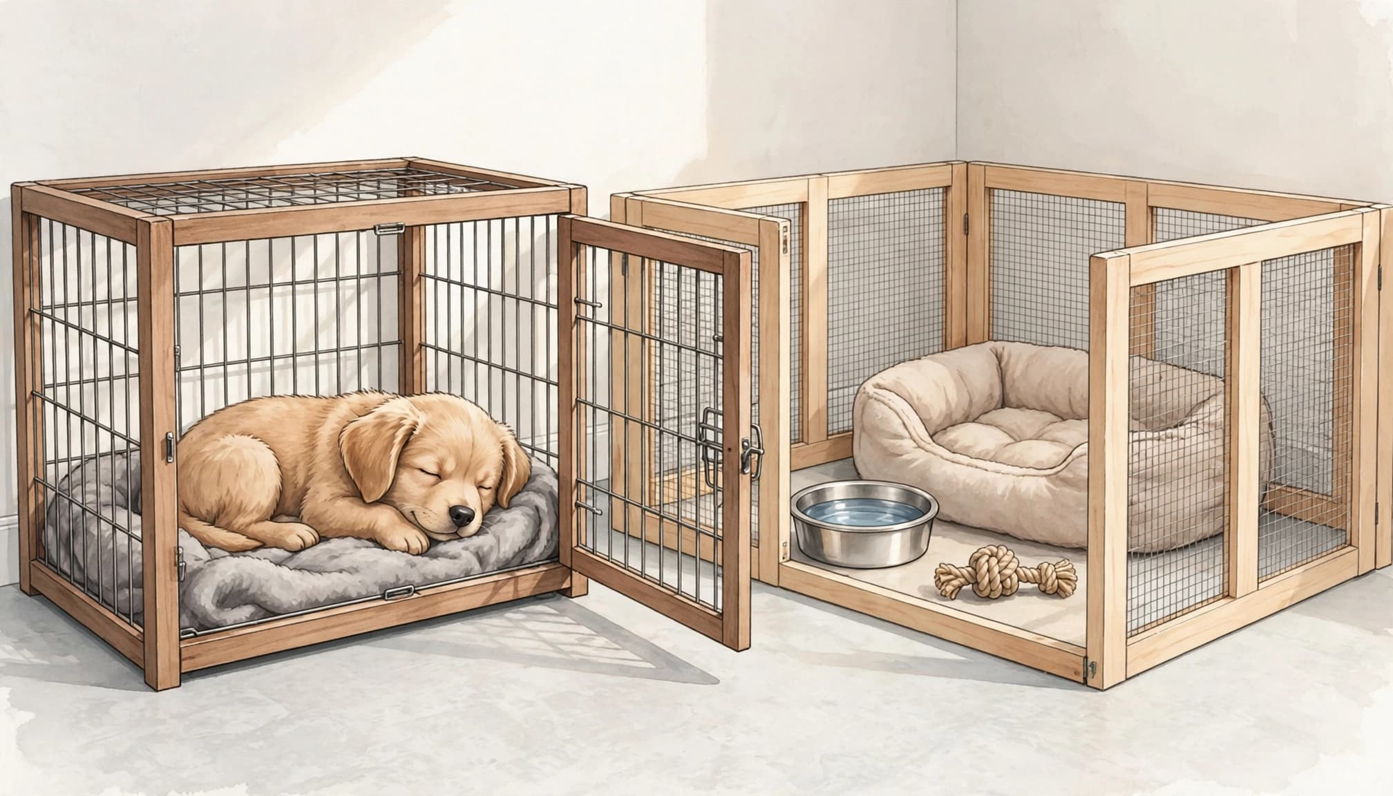 A golden puppy sleeping inside an open wooden crate beside a small playpen.