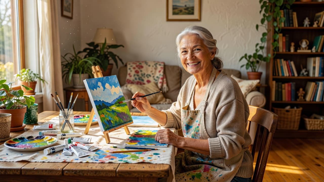 An older adult smiles while painting on a canvas at a sunny dining room table.