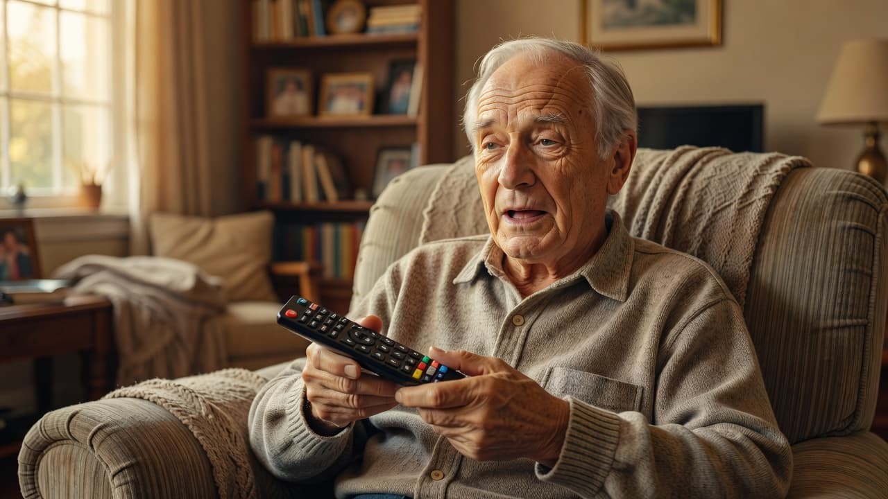 An elderly person sits in a soft armchair, holding a modern television remote with numerous tiny buttons. They gaze down at the device with a puzzled, humorous expression of absolute bewilderment.
