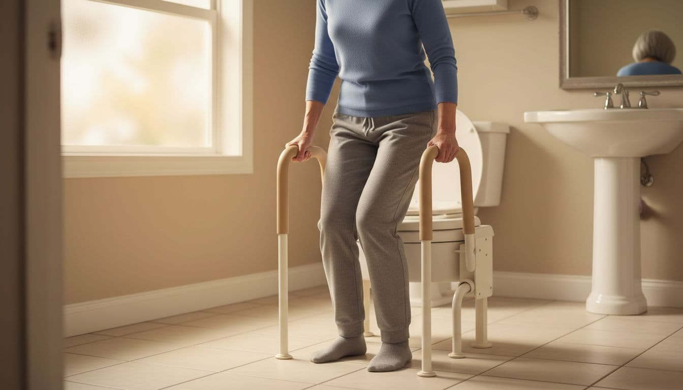 A senior woman demonstrates safe standing technique from a raised toilet seat, lightly gripping padded handles for support with feet flat on the floor, slight forward lean, and knees over ankles in a simple home bathroom with natural light.