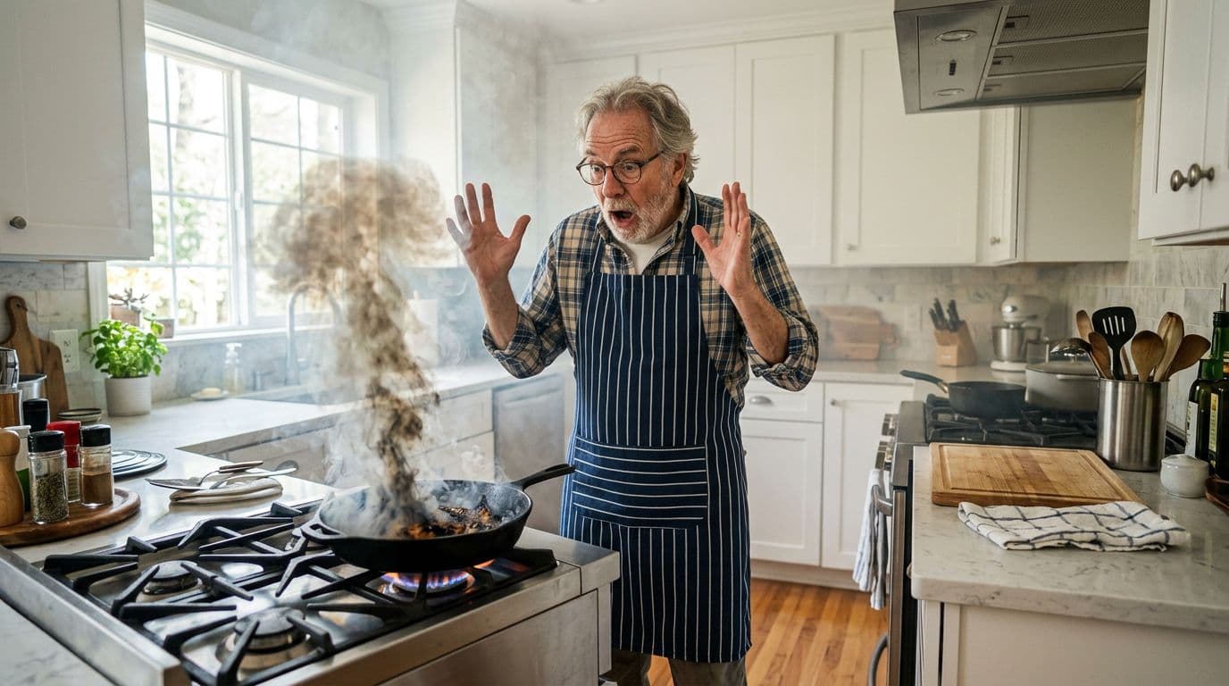 A senior man in an apron raises his hands in shock as light smoke fills the bright kitchen from a pan on the stove, capturing his surprised expression.