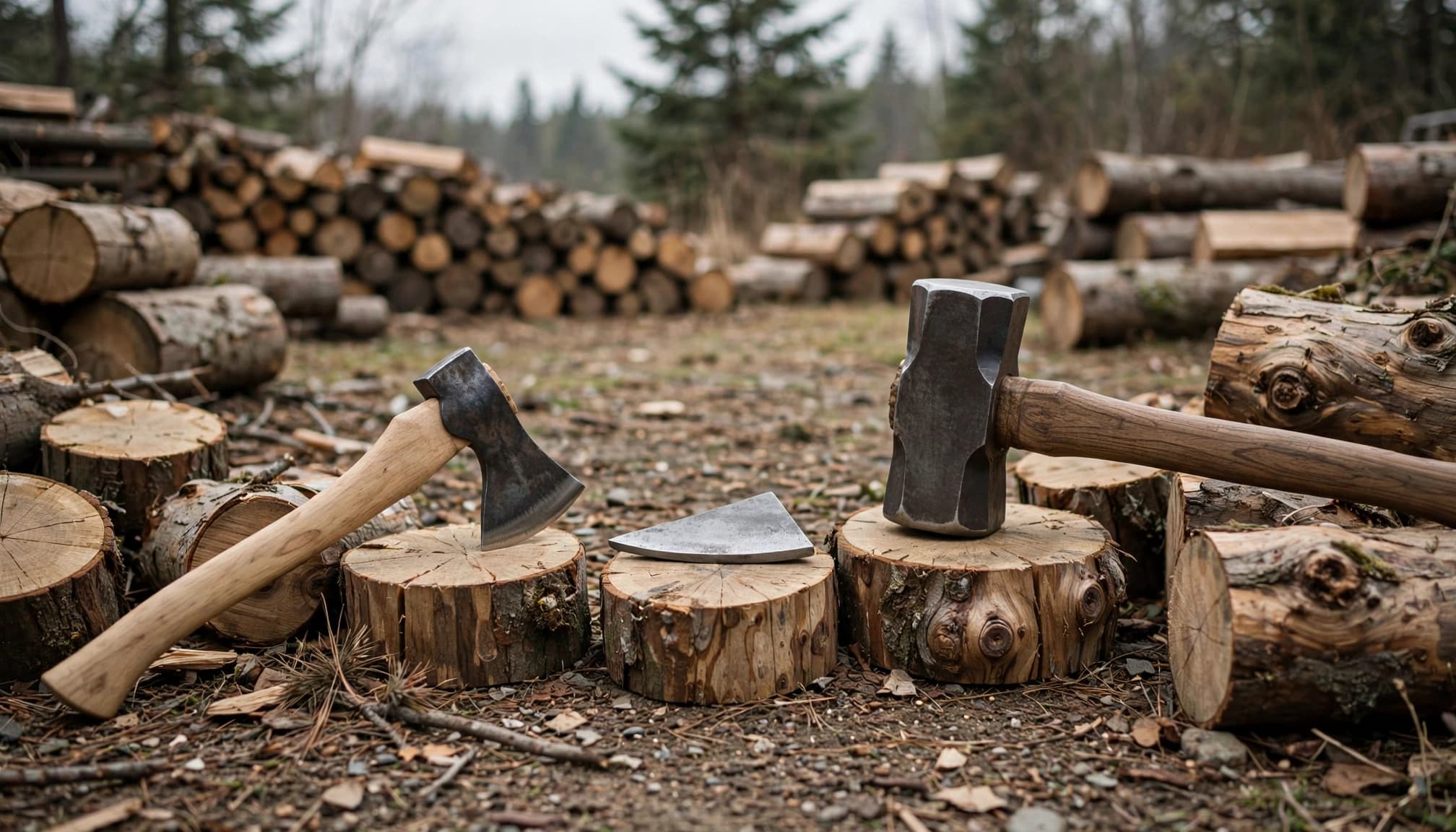 Splitting axe, steel wedge, and maul resting on tree stumps with wood piles in background.