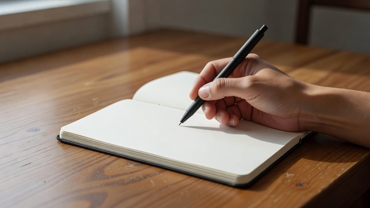 A single hand rests a fountain pen onto the crisp white pages of an open notebook. The warm morning sunlight illuminates the smooth wooden desk surface, creating a calm and focused atmosphere.