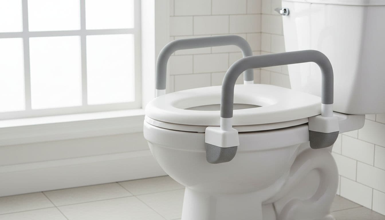 Sturdy white toilet seat riser with padded curved handles attached to a standard round toilet bowl in a bright bathroom, side angle view highlighting 5-inch elevated seat height and anti-slip base, realistic product photo style with soft natural light.