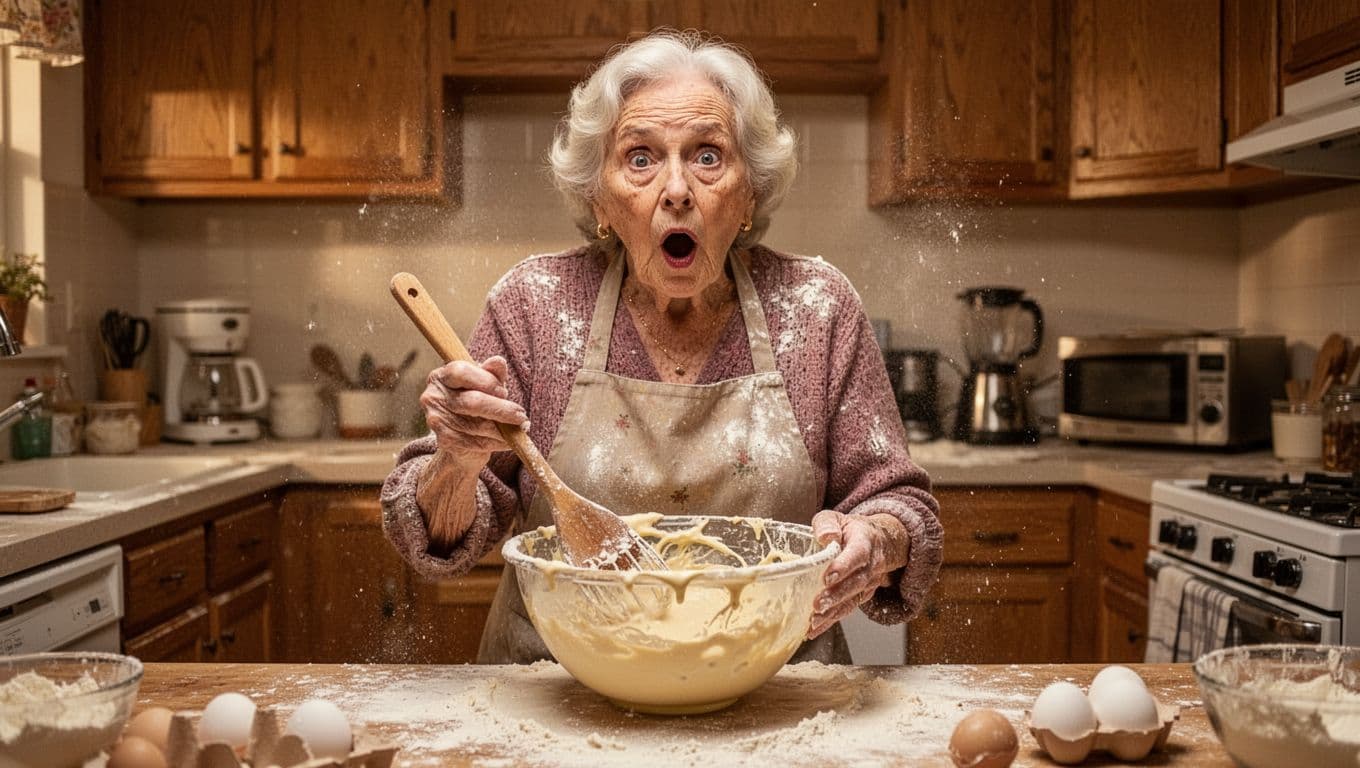 An elderly woman stands surprised in a cozy kitchen, covered in flour from a baking mishap with an overflowing mixing bowl and wooden spoon in hand. Warm lighting highlights the realistic scene featuring simple counters and appliances.