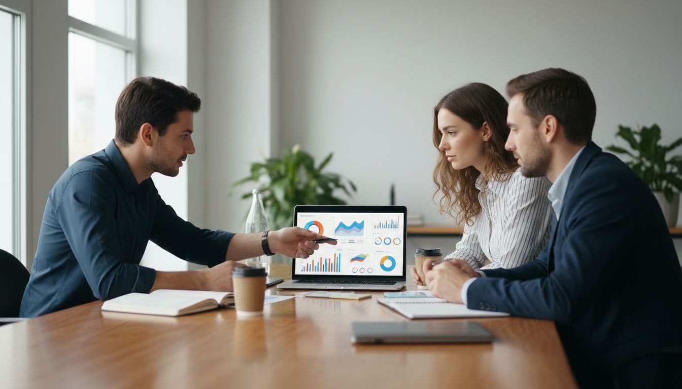 A small business team of three in a modern office collaborates around a table with laptops showing AI analytics dashboards, one person pointing to a screen, natural daylight lighting, realistic style.