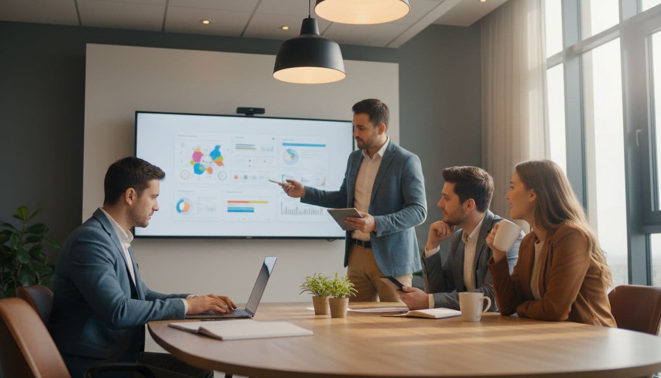 Four team members in a bright conference room focused on reviewing AI-generated content displayed on a shared screen, with one editing on a laptop in a professional yet relaxed discussion under warm lighting.