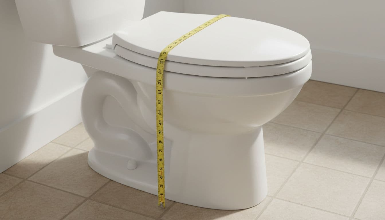 Clean white toilet with tape measure draped over the seat measuring from floor to rim on standard bathroom tile floor, side view in bright daylight.