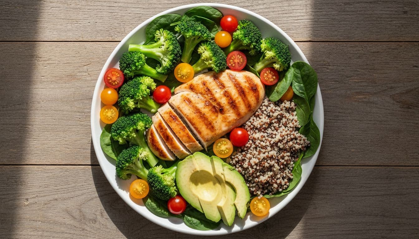 Top-down view of a nutritious plate with grilled chicken breast, broccoli, spinach, half avocado, quinoa, and cherry tomatoes on a wooden table. This protein-rich, fiber-filled meal is ideal for breaking your fast.