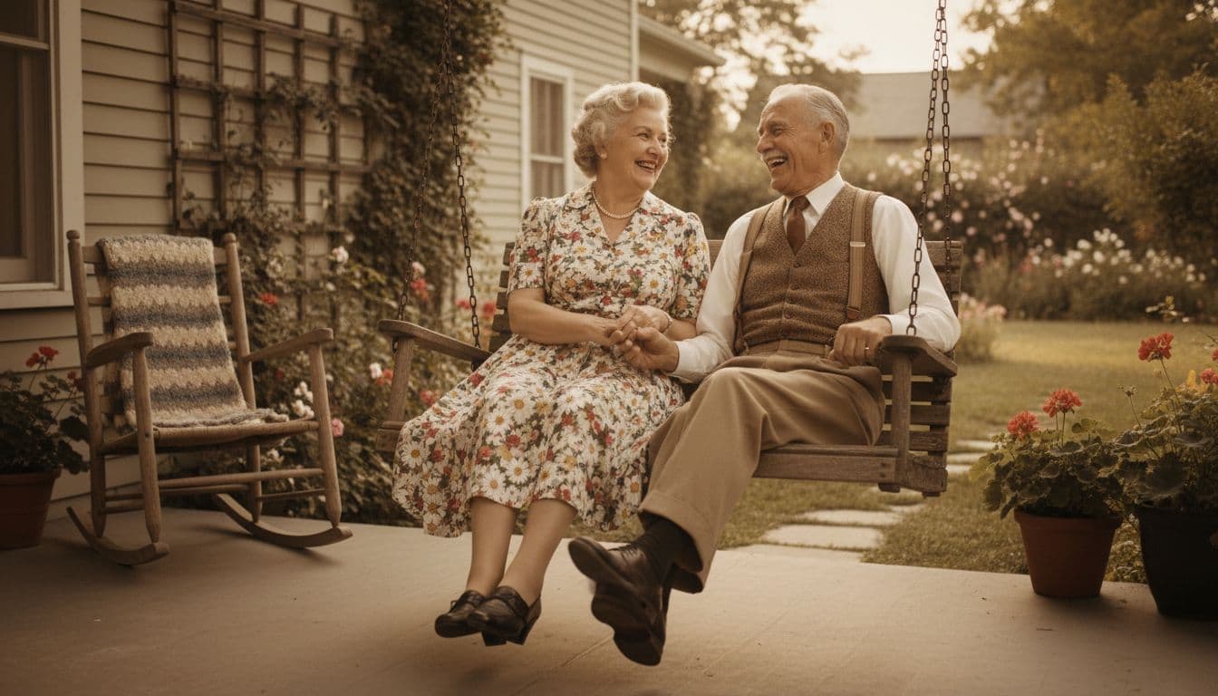 Cheerful elderly man and woman from mid-20th century sitting on a wooden porch swing, smiling warmly at each other in vintage floral dress and suspenders, cozy backyard with rocking chair, soft natural daylight.
