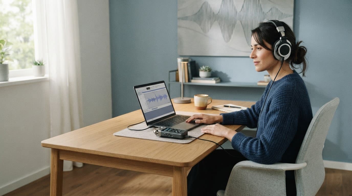 A person with headphones sits beside a laptop and recorder at a clean desk.