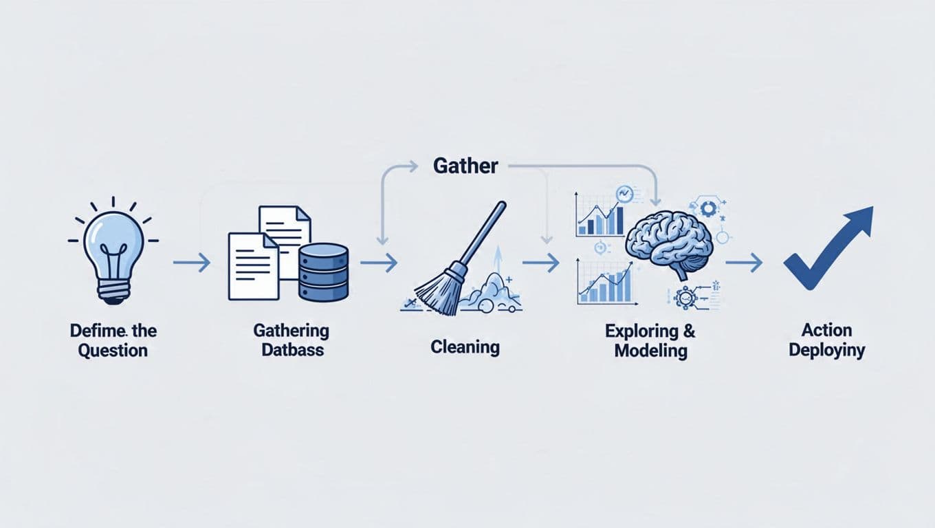 A professional minimalist illustration of the data science process as a horizontal pipeline with five connected stages: defining the question, gathering data, cleaning data, exploring and modeling, and testing and deploying.