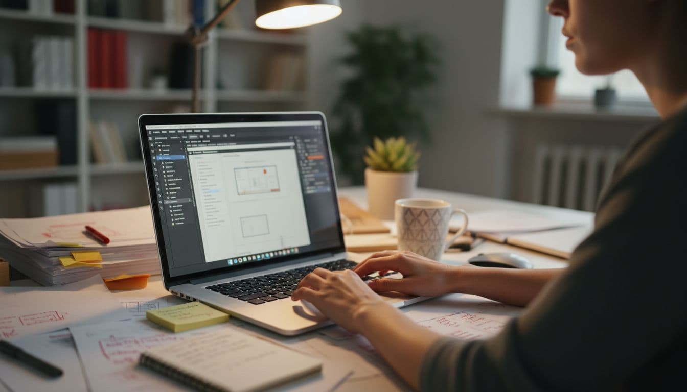 Close-up of a designer's realistic office desk with Adobe InDesign open on a laptop screen showing a blurred multi-page book layout, parent pages panel, paragraph styles panel, and table of contents; scattered printed proofs, coffee mug, notes, and one focused person with hands near keyboard under soft lighting.