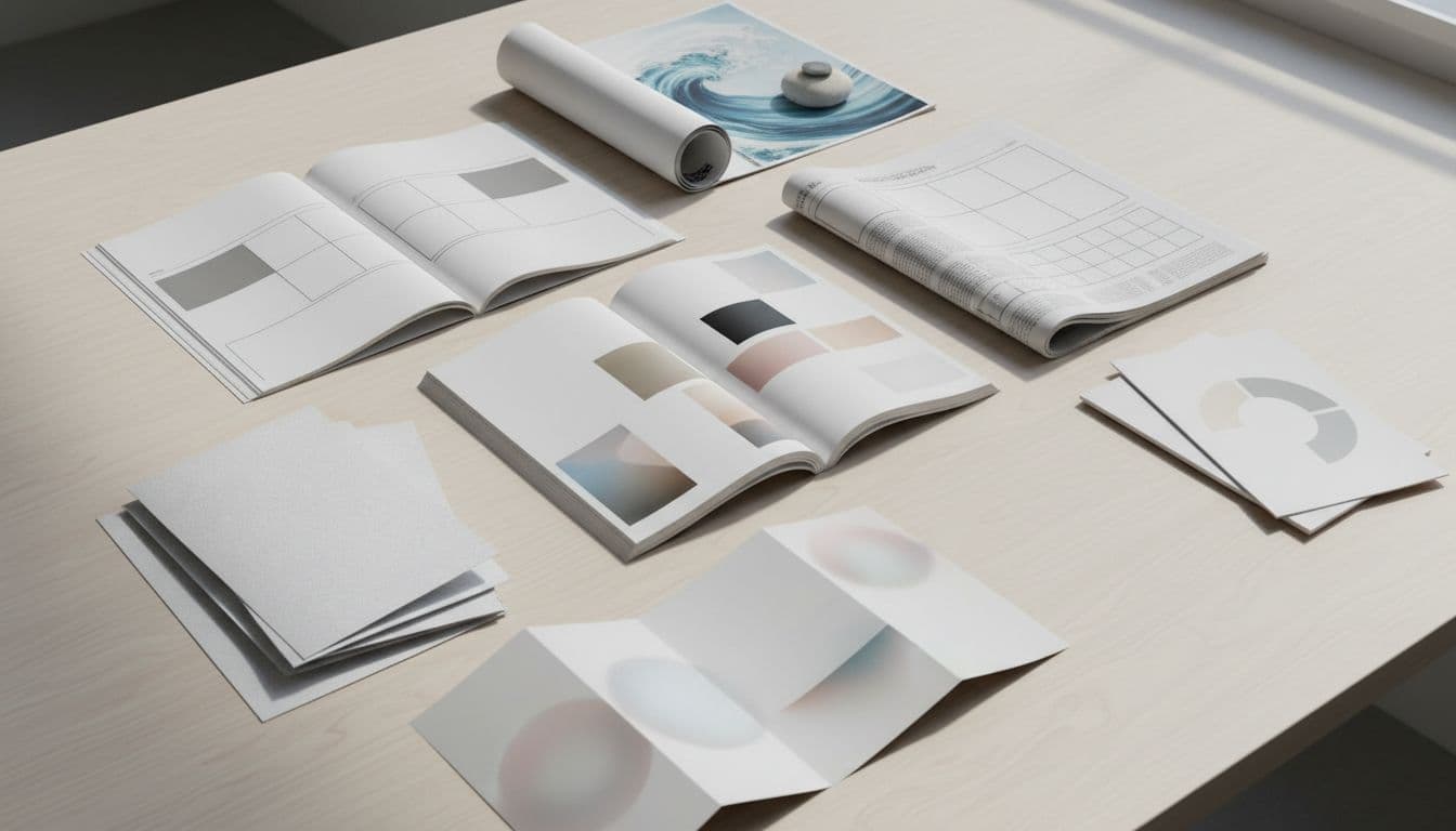 Top-down view of a desk with professionally arranged print mockups including open magazine, book pages, folded brochure, newspaper section, catalog spread, poster, and flyer in a bright studio with natural daylight and sharp details.
