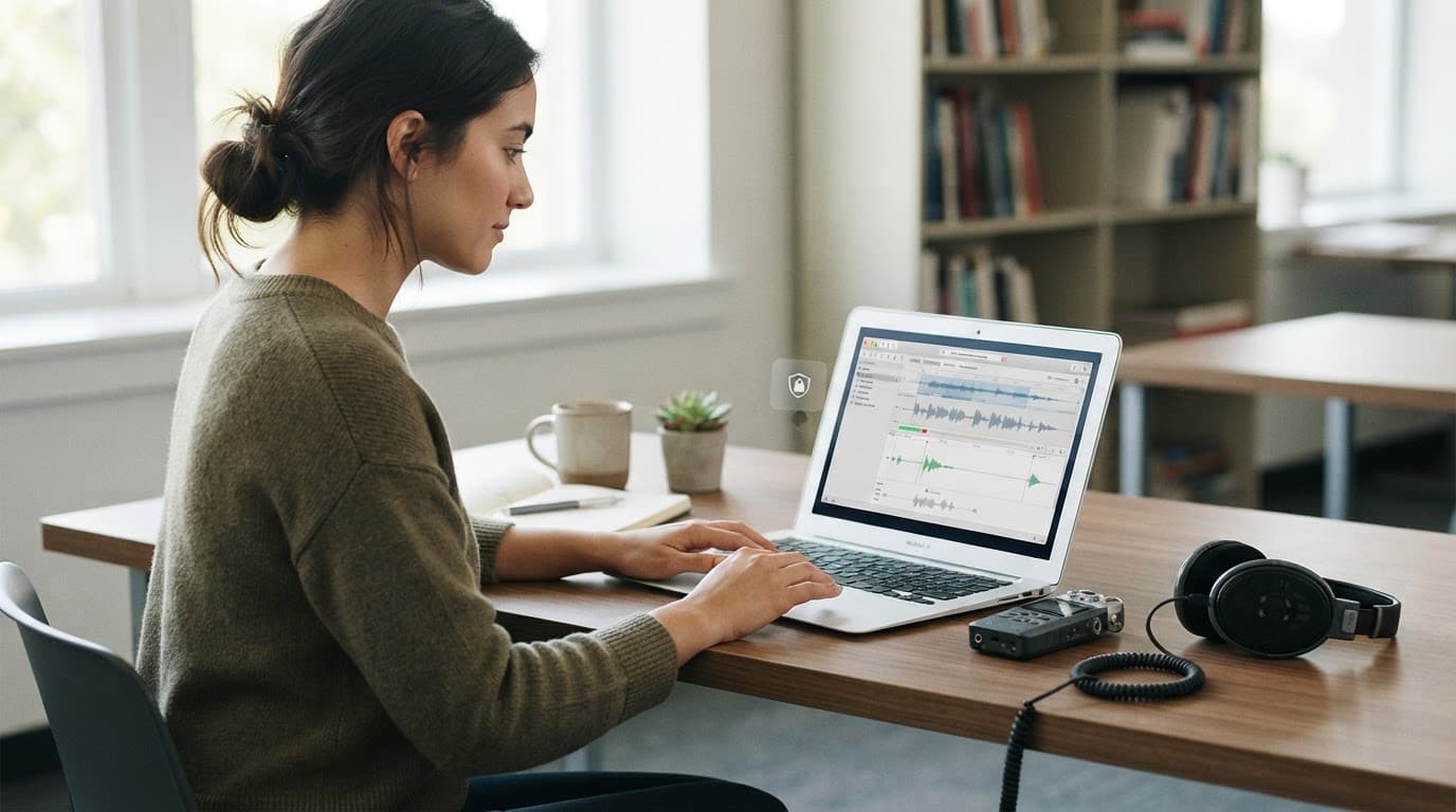 A person reviews audio transcription on a laptop beside headphones and a small recorder.