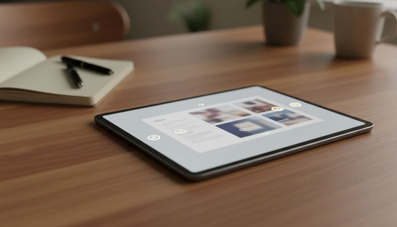 Modern tablet on a wooden table displaying a blurred digital magazine or interactive PDF layout with subtle buttons and links, screen slightly angled, cozy workspace with notebook nearby, realistic photo under soft warm lighting.
