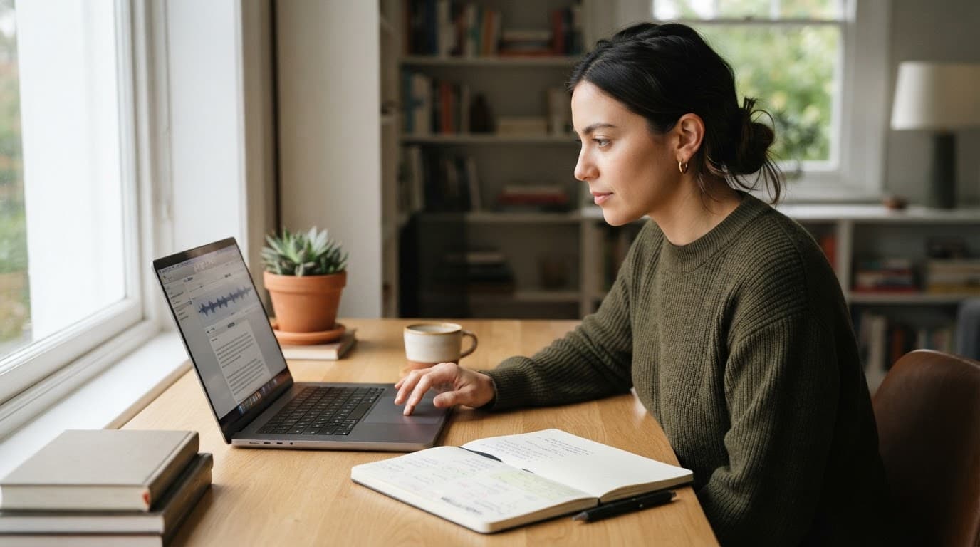 Person reviewing an audio transcript on a laptop beside a notebook.