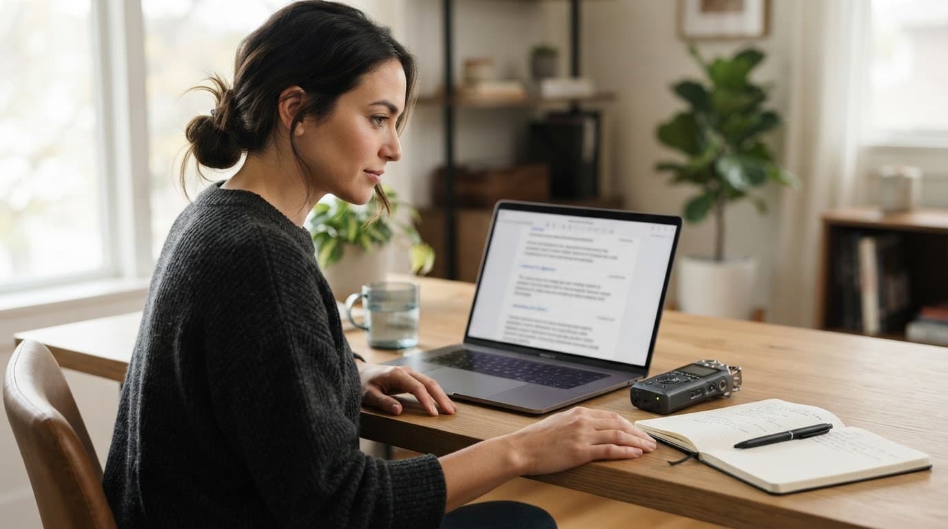 A person reviews a blurred transcript beside an audio recorder and notebook.