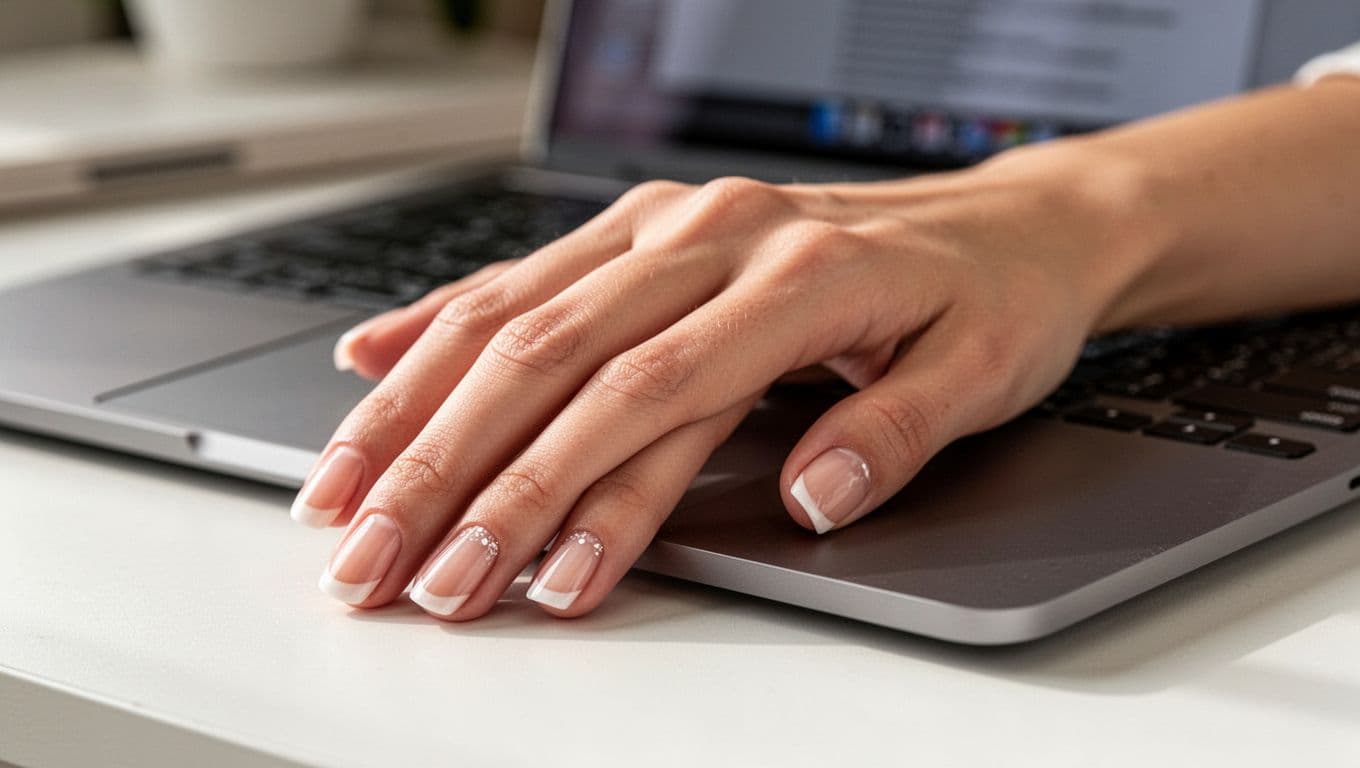 Woman's hand with medium-length squoval nails in sheer nude polish featuring micro French tips, resting palm down on a desk next to a laptop in natural daylight with soft background blur.