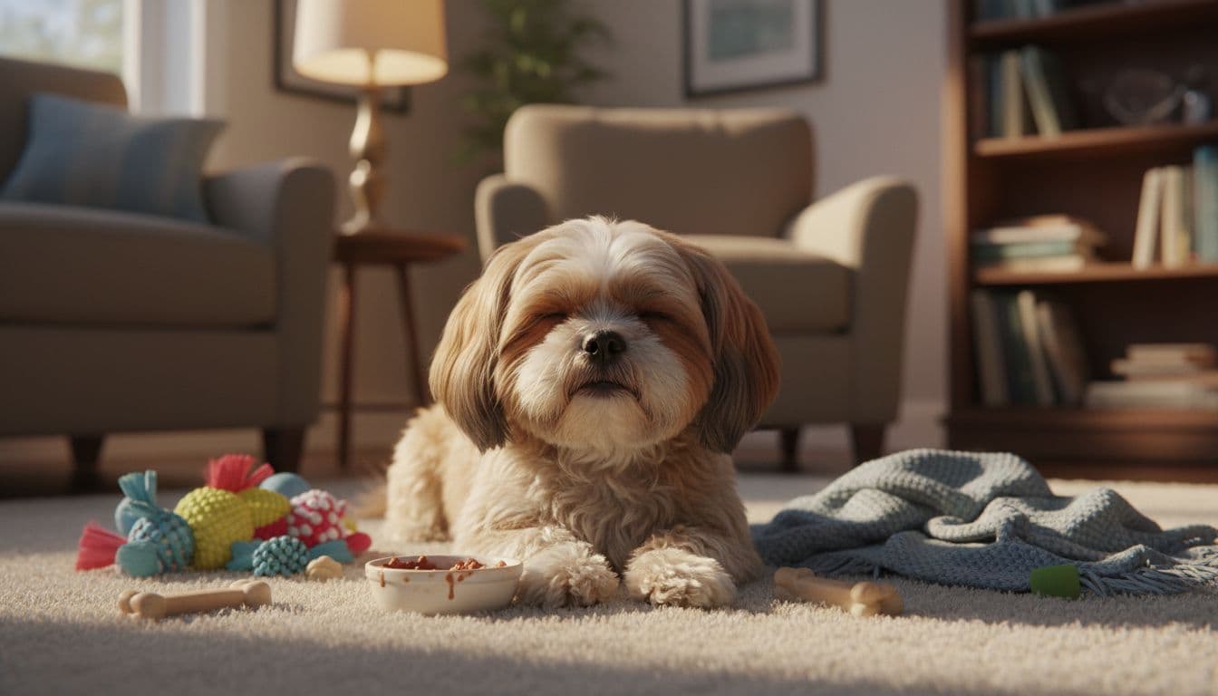 An adorable senior Shih Tzu with shiny coat lying contentedly on a soft rug after eating, small bowl nearby with wet food remnants, cozy living room setting with toys and blanket, warm ambient lighting from lamp, relaxed atmosphere.