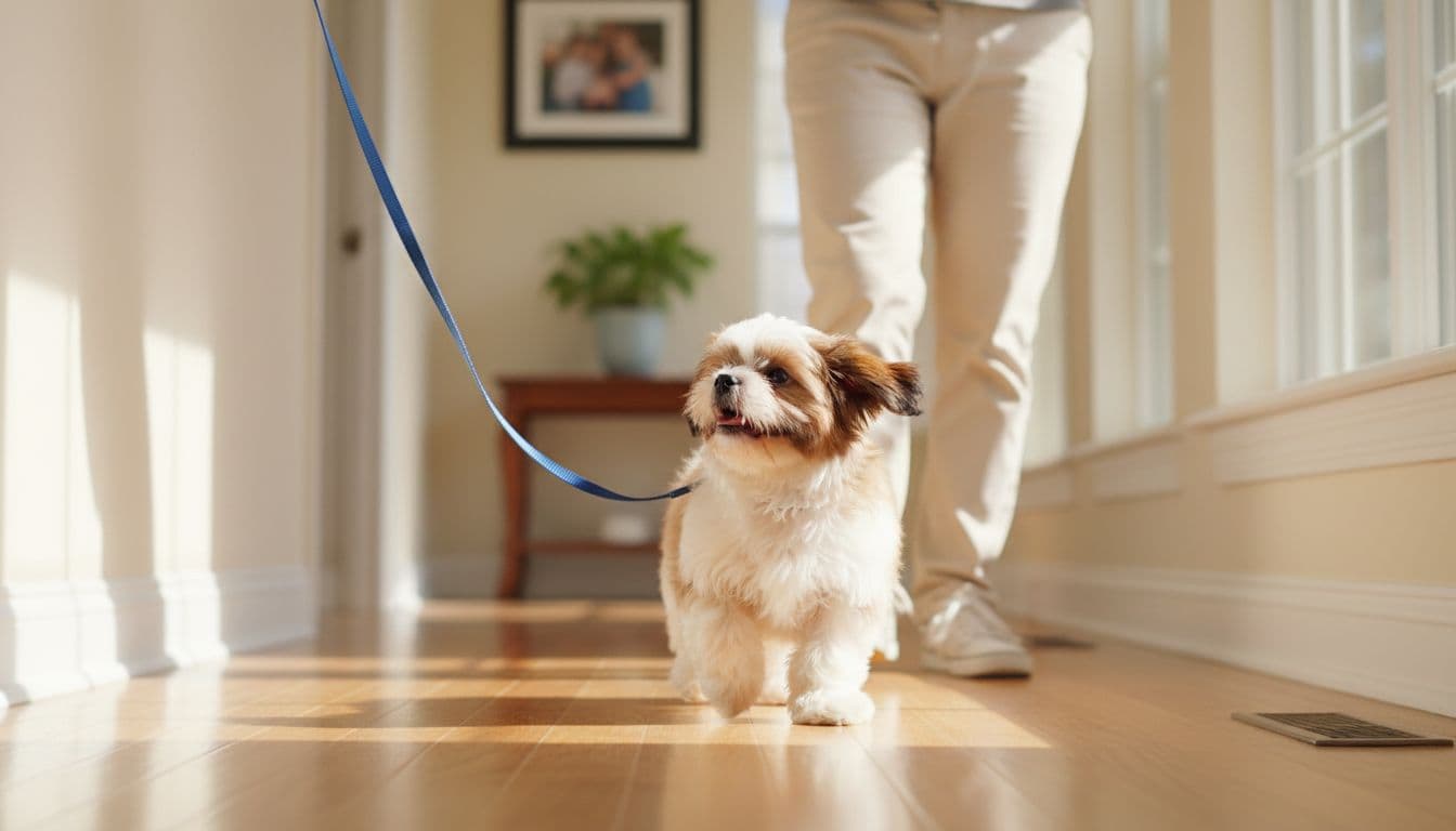 Shih Tzu puppy walking on a slack leash indoors