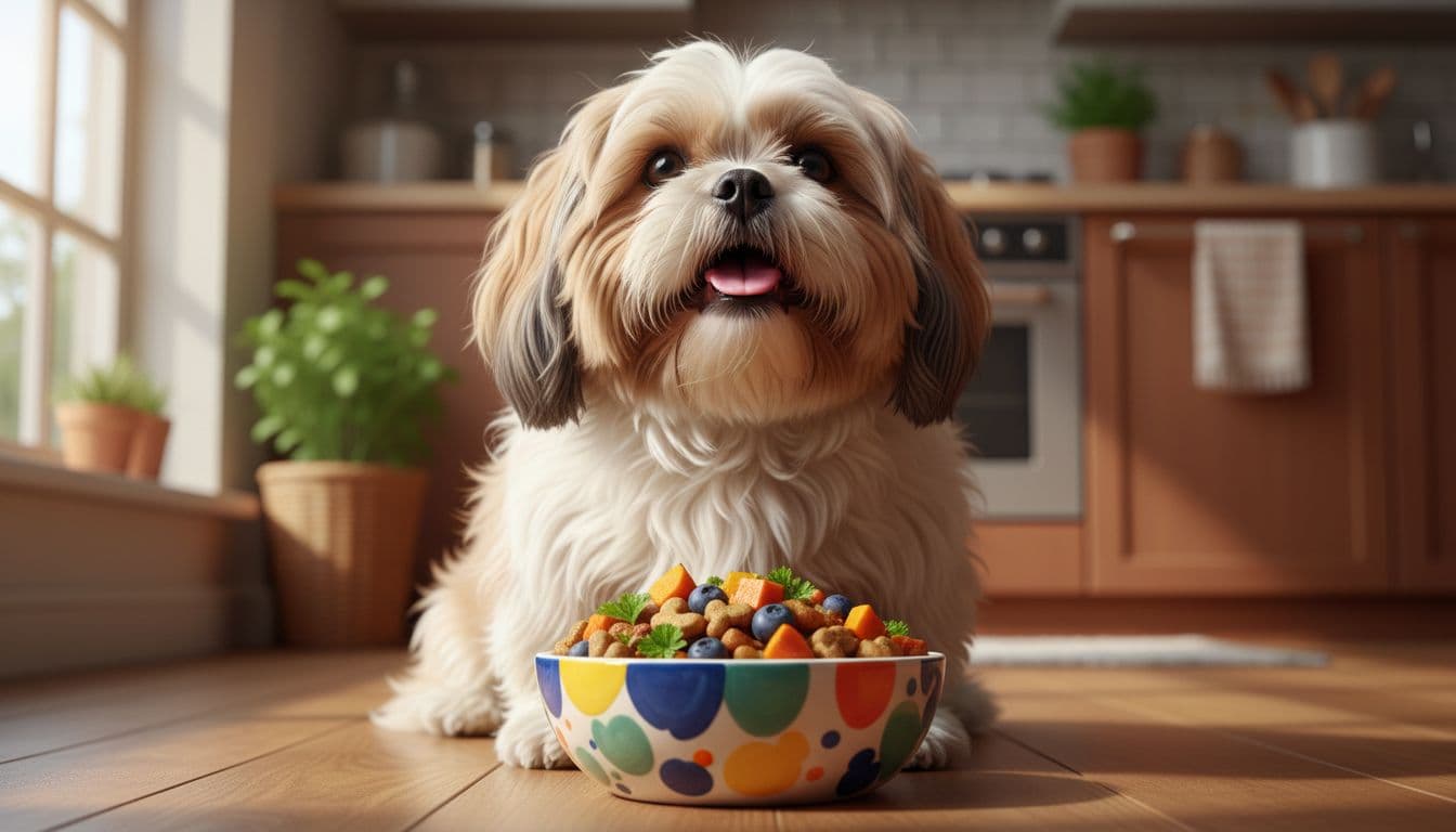 A cute fluffy Shih Tzu dog with long flowing fur sits happily in front of a colorful ceramic food bowl filled with high-quality kibble, pumpkin, and blueberries in a bright cozy kitchen.