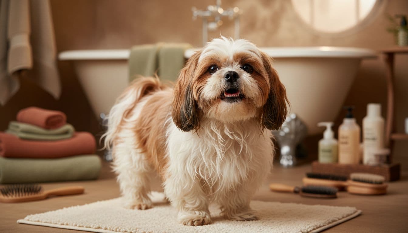 A cute Shih Tzu dog with a fluffy, shiny long coat stands in a cozy bathroom post-bath, water droplets glistening on its fur, with a happy expression under soft lighting.