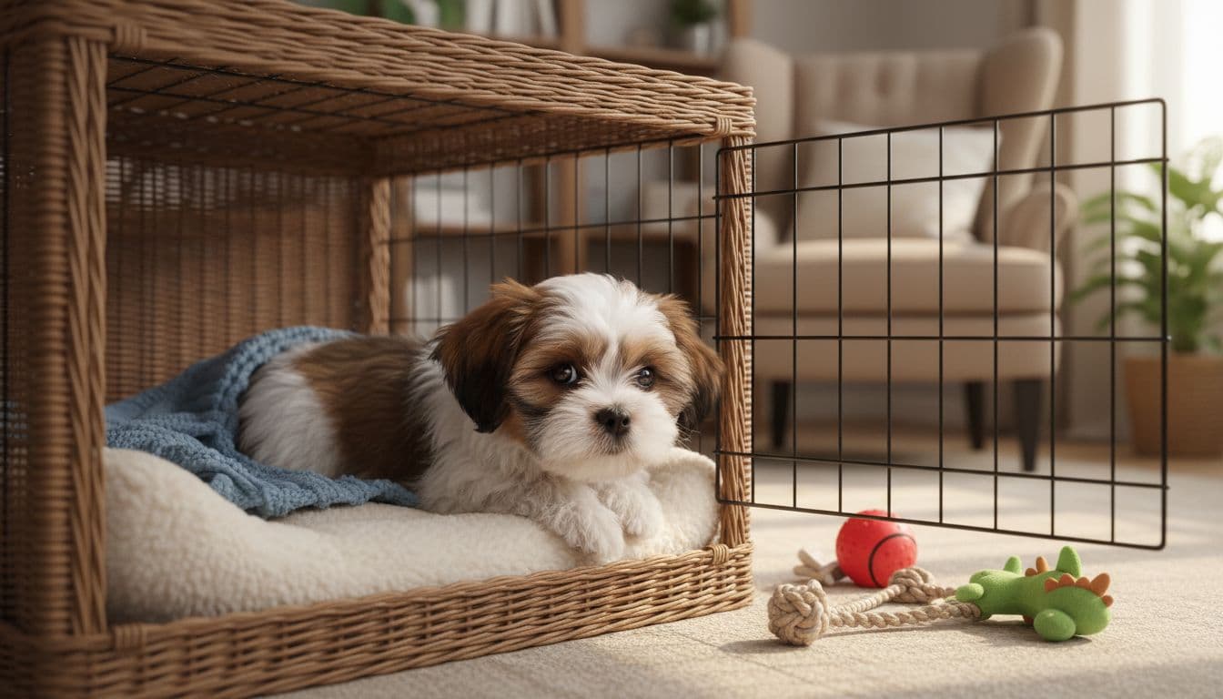 Shih Tzu puppy resting in a cozy crate