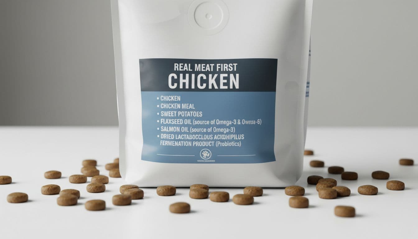 Close-up of a dog food ingredient label on a kibble bag, highlighting real meat like chicken first, omega oils, sweet potatoes, and probiotics listed clearly. The bag sits on a white table with scattered kibble pieces, in soft lighting with a clean modern photorealistic aesthetic.