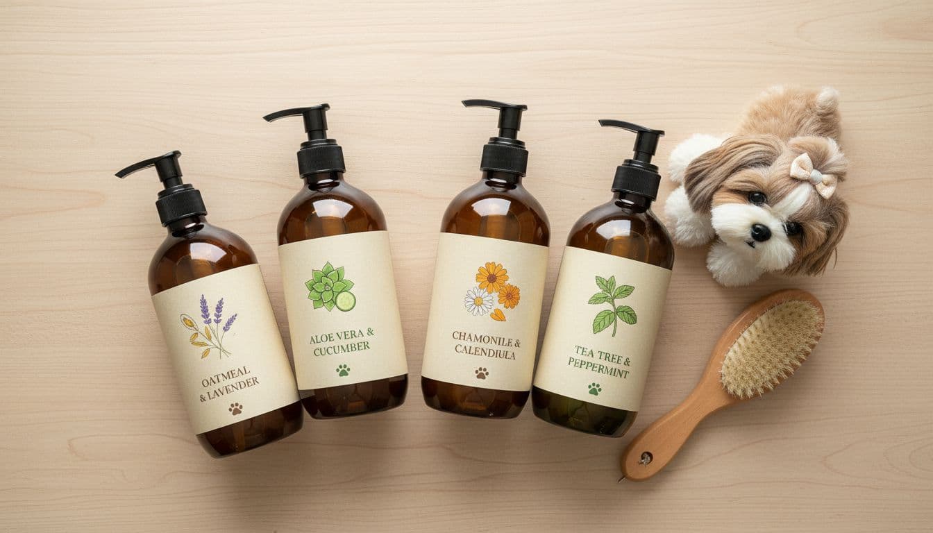 Assortment of natural dog shampoo bottles on a wooden table, featuring labels with oatmeal, aloe vera, and chamomile, alongside a Shih Tzu toy and brush, in bright kitchen light with top-down realistic product photography.