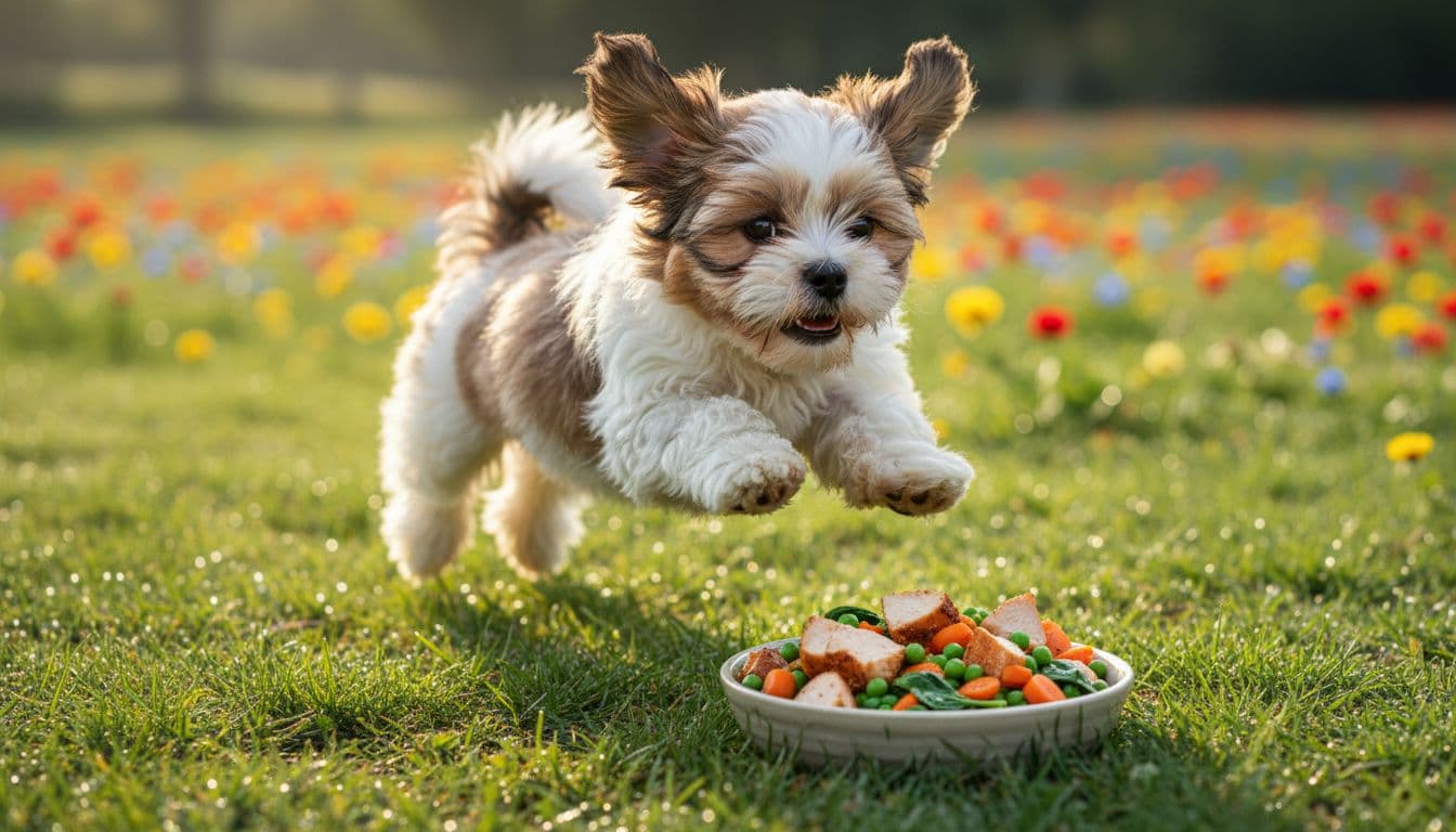 A playful Shih Tzu puppy jumps excitedly towards a bowl of fresh gently cooked dog food with turkey and veggies in a sunny park with grass and flowers. Dynamic low-angle action shot with vibrant colors, fluffy fur in motion, and joyful energetic mood.