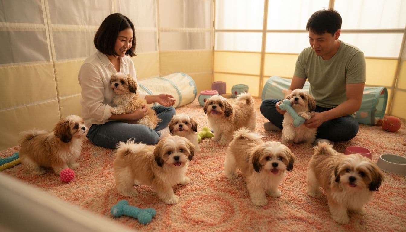 Shih Tzu puppies playing safely in a playpen