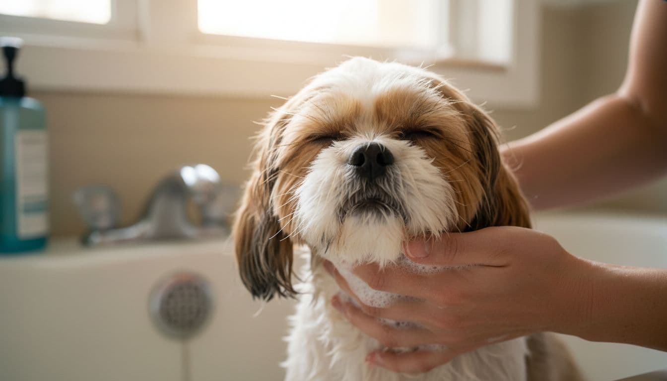 Close-up of a Shih Tzu dog's face being gently washed with shampoo, eyes closed comfortably, suds around the muzzle.