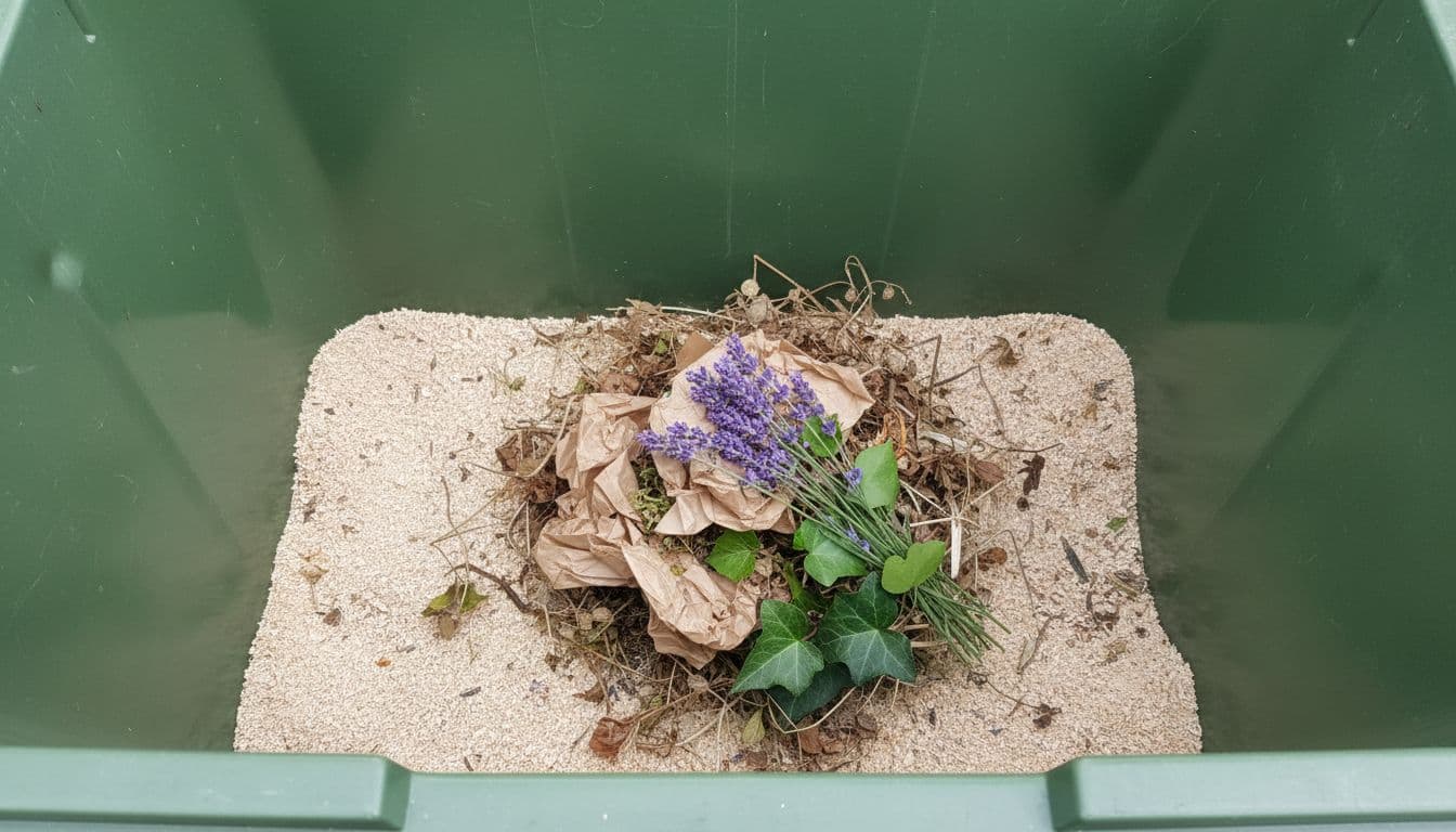 Close-up of the interior of a clean, dry green GFT organic waste bin featuring a layer of cat litter or sawdust at the bottom and twigs of lavender and ivy on a stack of waste, demonstrating natural defenses against flies.