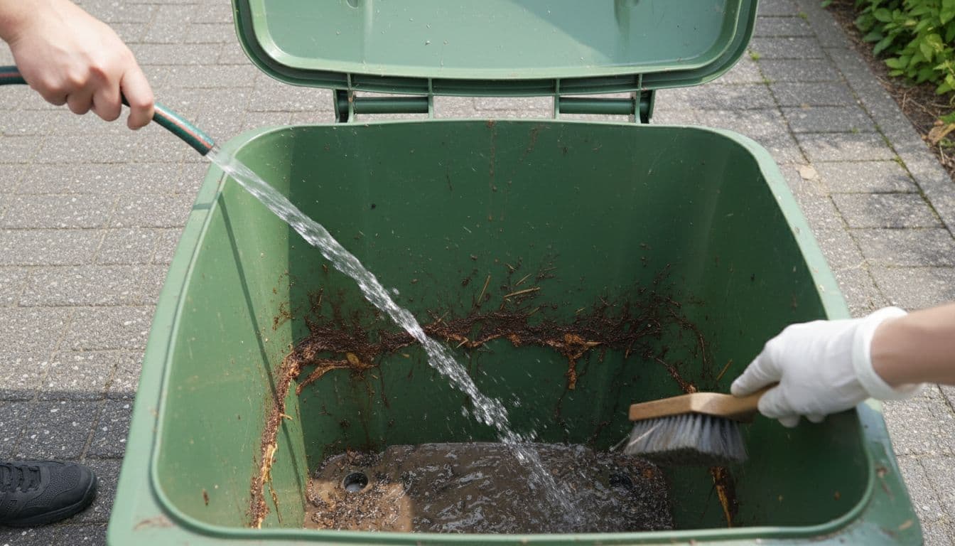 Realistic photo of an open green GFT container on a driveway being cleaned with a garden hose and hard brush, with encrusted dirt and residues visible inside as water streams rinse it clean under daylight, focused on bottom and walls, partially visible hands holding tools.