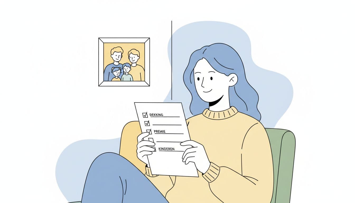 A person in a relaxed pose holds a simple checklist with checkmarks for coverage, premium, and children against a calm living room background featuring a family photo. Minimalist illustration in bright daylight with no visible text or extra elements.