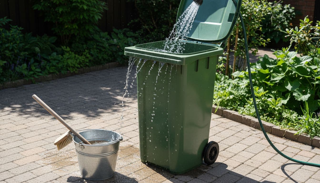 Een groene afvalcontainer in de achtertuin wordt schoongemaakt met een tuinslang die water sproeit, naast een emmer met azijnoplossing en een borstel, deksel open op een zonnige dag.