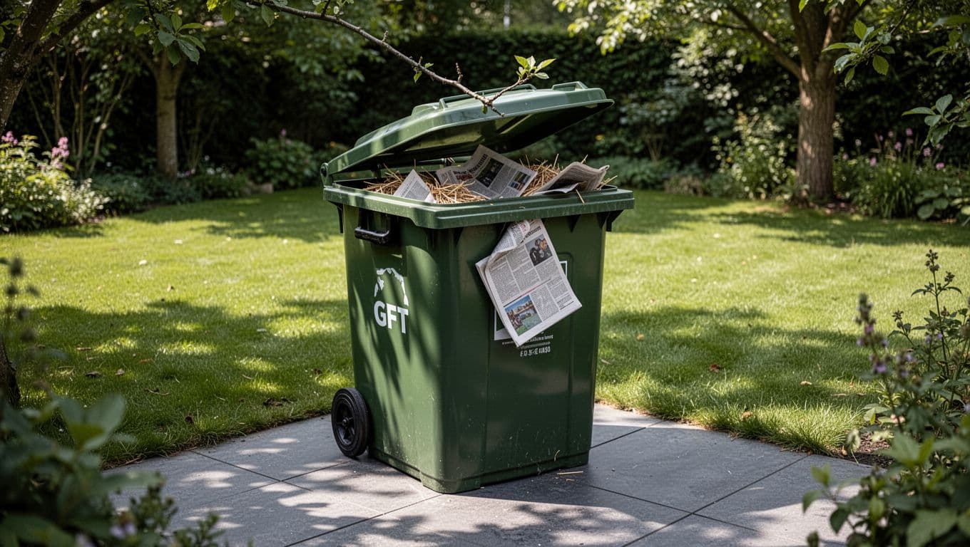 Realistische foto van een groene GFT afvalcontainer in een schaduwrijke hoek van de tuin op grijze tegels, deksel licht geopend gehouden door een takje met krantenpapier en stro zichtbaar.