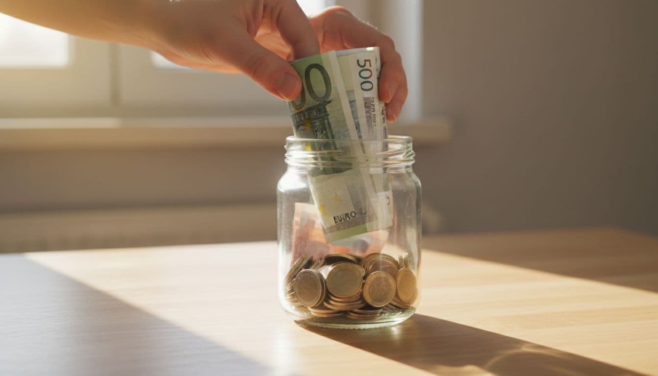 Close-up of hands placing banknotes and coins into a transparent savings jar on a wooden table, symbolizing saving for future funeral costs with warm sunlight and minimalist style.