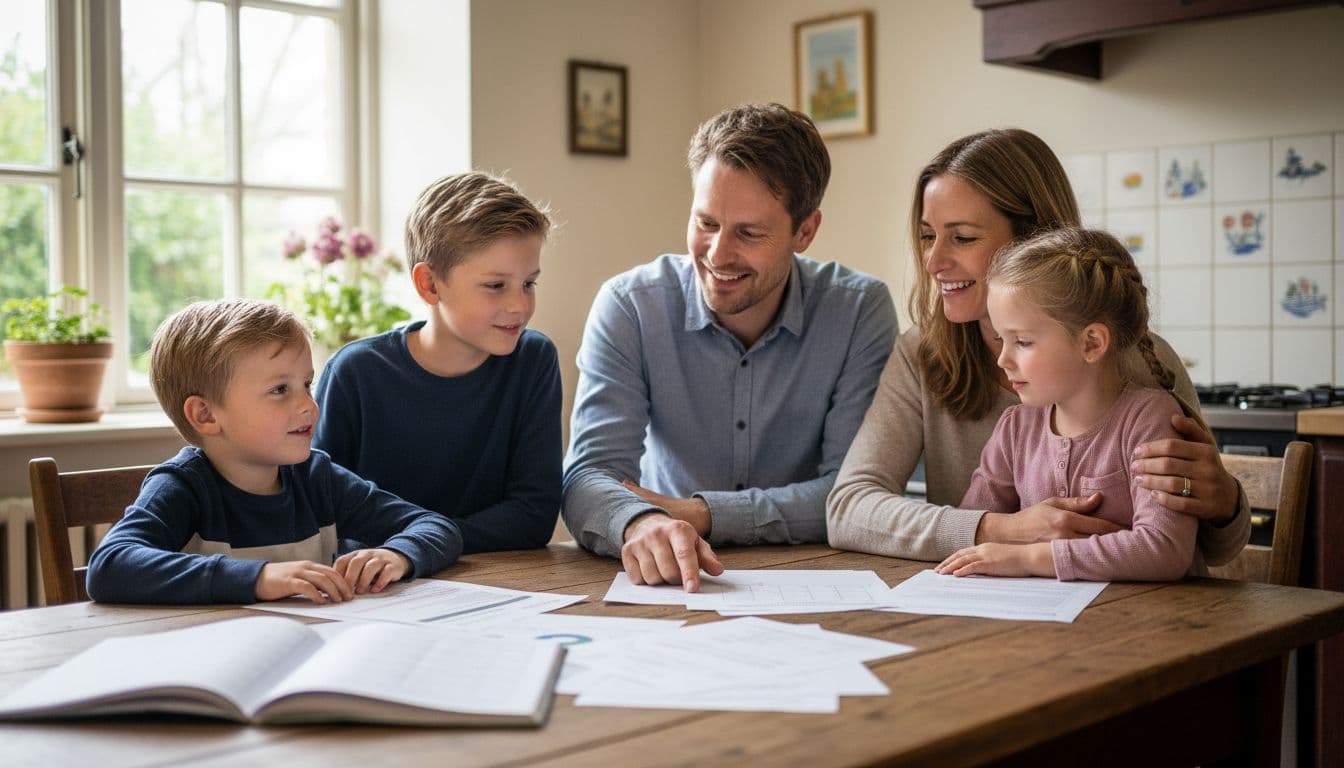 A happy Dutch family with two parents and two young children sits relaxed at a wooden kitchen table with spread papers and a calendar, pointing to documents and talking calmly in a warm, light kitchen with natural daylight.