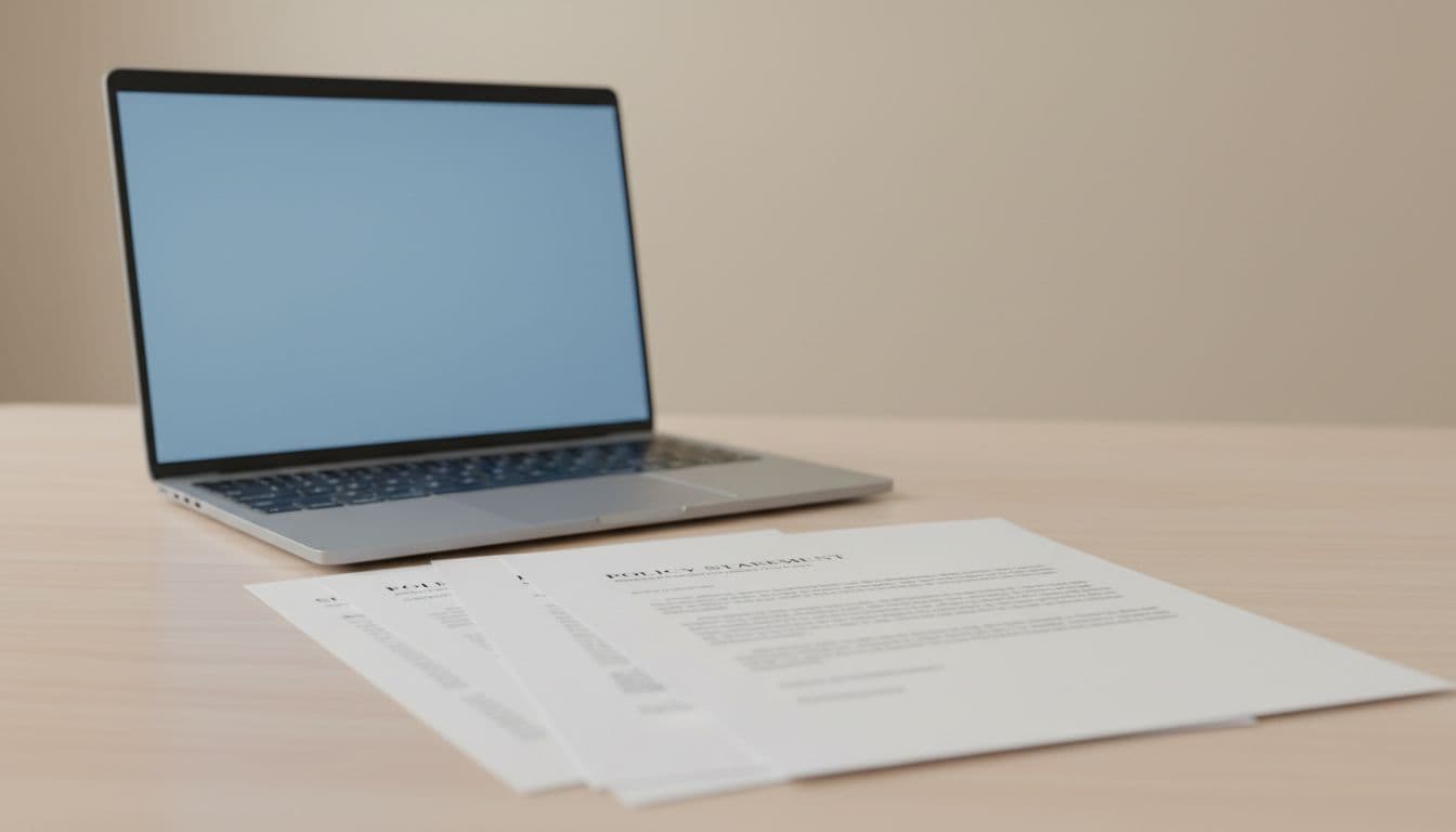 Close-up overview of essential documents like insurance policy statements and a laptop on a desk, well-lit with neutral background, no people, no visible text or watermarks.