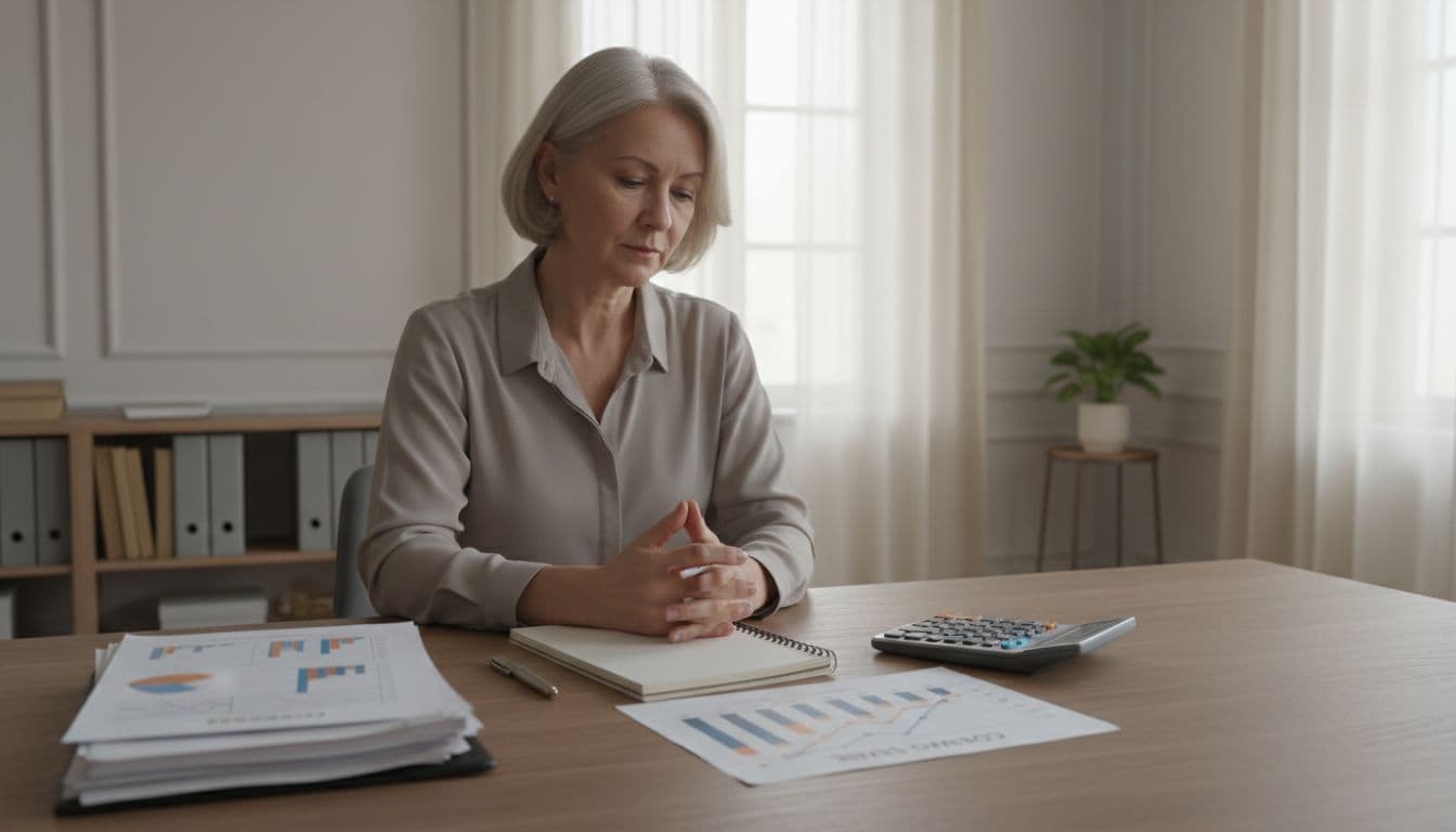 A focused person in their mid-60s sits at a desk in a calm office, examining graphs depicting rising insurance costs over age, with a calculator and notepad nearby under soft overhead lighting.
