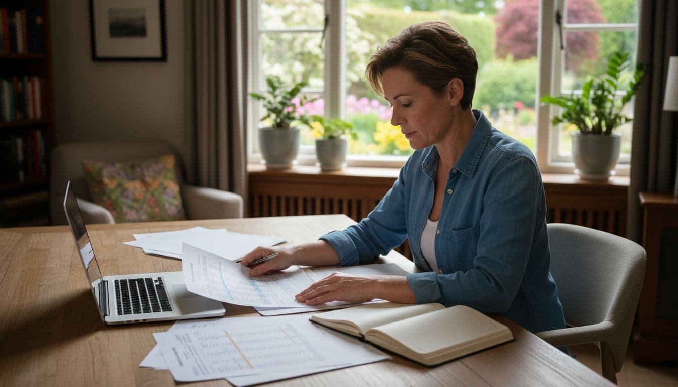 Een volwassene van middelbare leeftijd zit aan een bureau thuis met een laptop en papieren, vergelijkt rustig tabellen met dekkingen en premies. Kantoorruimte met planten en raam met uitzicht op tuin, realistische stijl met natuurlijk licht.