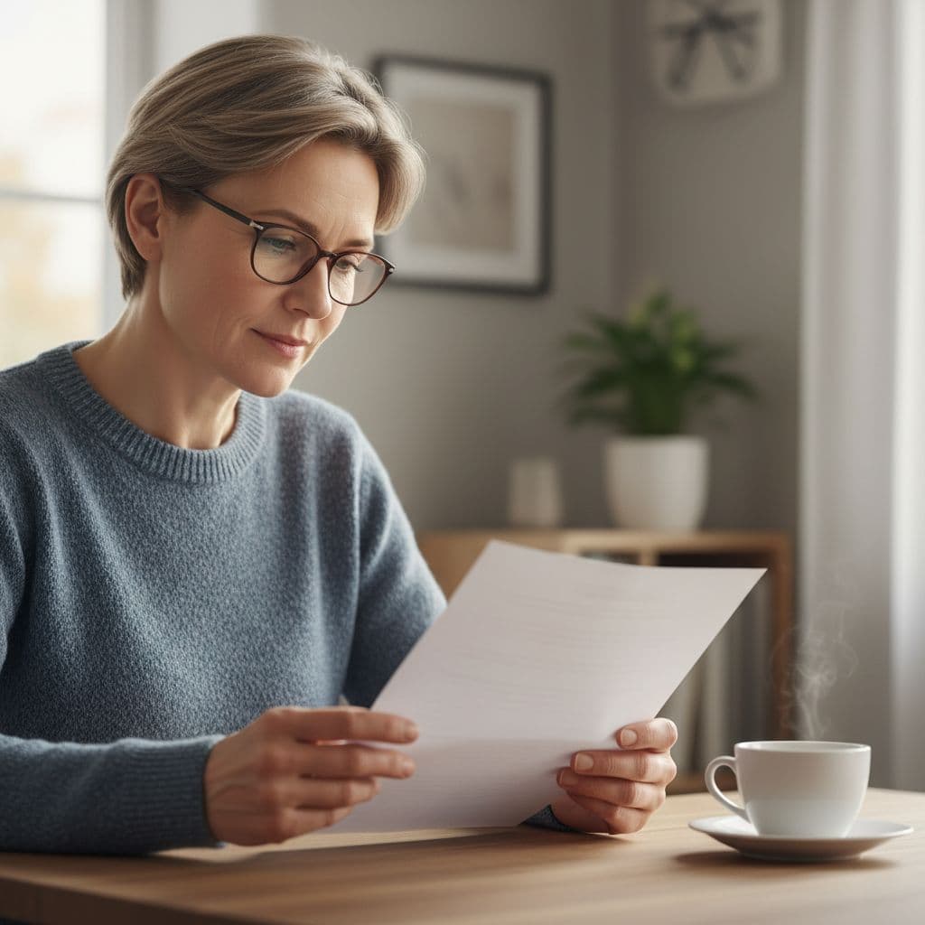 Close-up of a middle-aged person calmly reading an insurance policy document at a desk with a cup of coffee, soft daylight, focused on relaxed concentration.